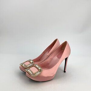 Roger Vivier Pink Satin Crystal Buckle Platform Pumps Size 35.5 Made In Italy Hi
